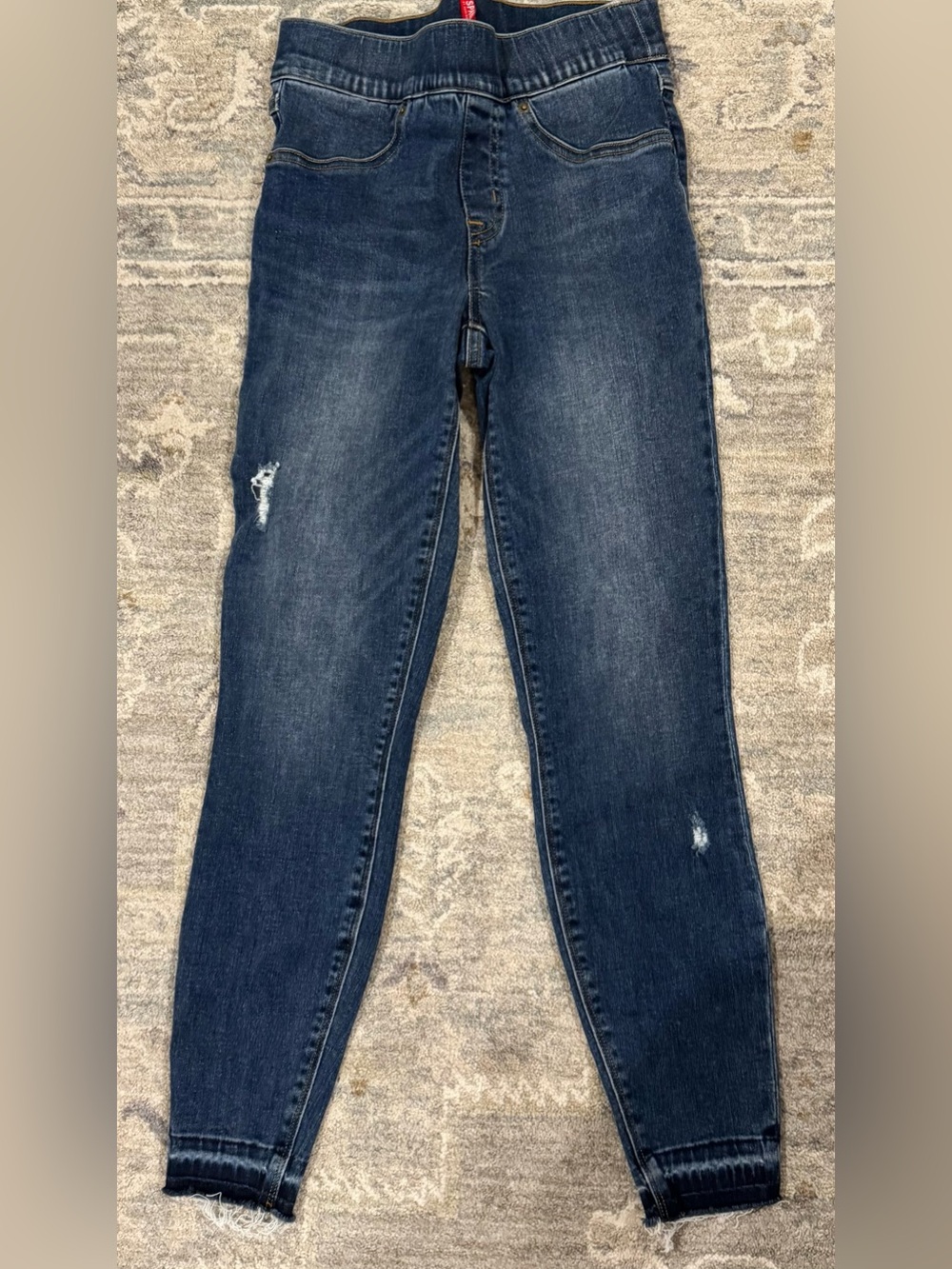 SPANX Skinny Jeans in Dark Blue Denim with Light Distressing